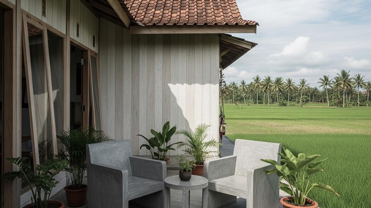 9 Desain Teras Rumah Desa Nyaman dengan Kursi Cor Minimalis