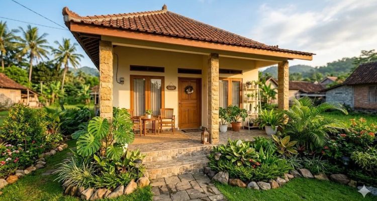 Contoh Rumah Desa dengan Teras Batu dan Taman Kecil