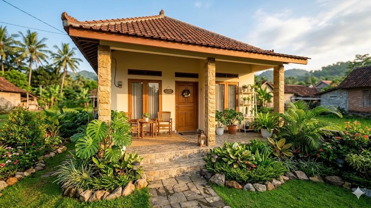 Contoh Rumah Desa dengan Teras Batu dan Taman Kecil