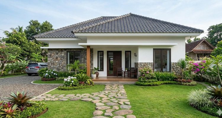 Contoh Rumah Desa Kombinasi Batu Alam dan Atap Limas Modern