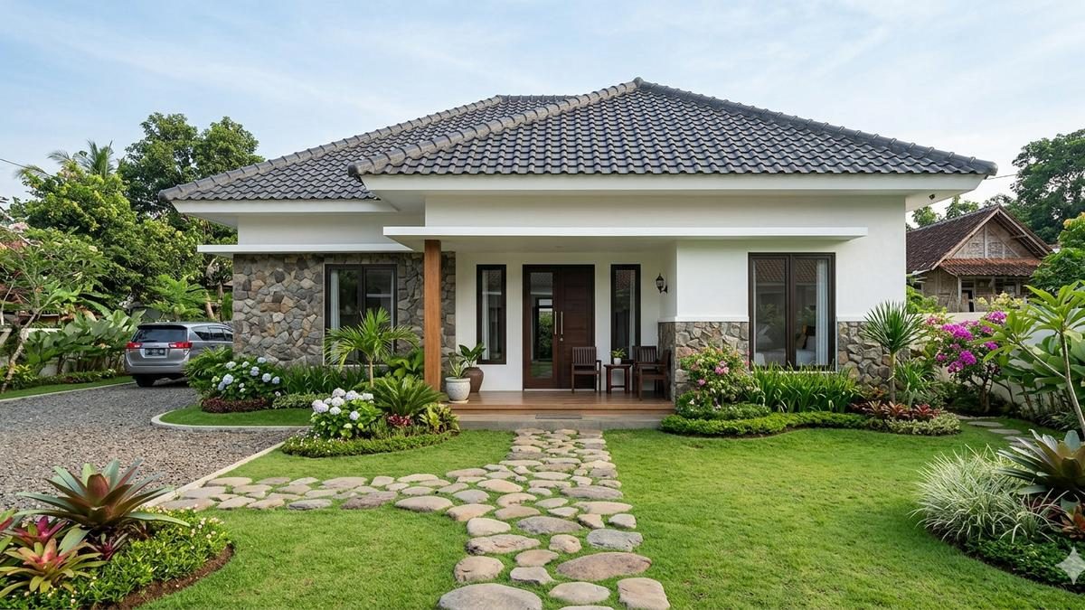 Contoh Rumah Desa Kombinasi Batu Alam dan Atap Limas Modern