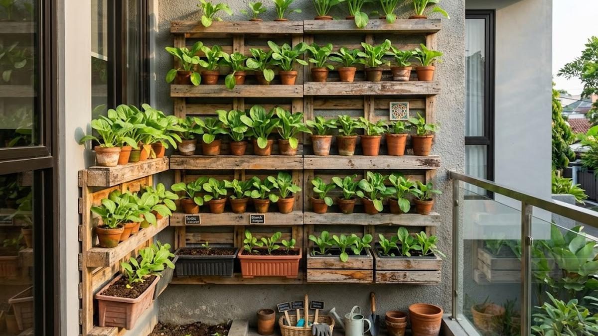 Ide Kebun Caisim Vertikal Hemat Tempat dari Rak Kayu Bekas yang Estetik