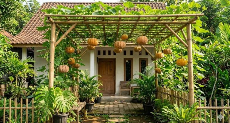 Inspirasi Kebun Labu Kuning Rambat di Kanopi Bambu untuk Peneduh Halaman