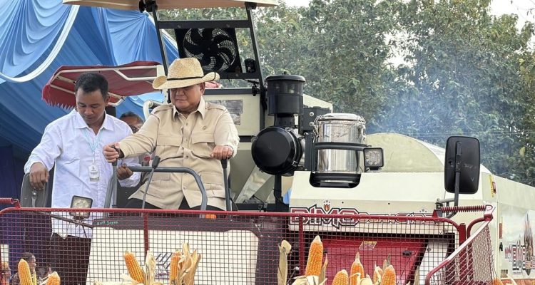 Prabowo Mengemudikan Traktor Saat Panen Jagung di Tuban