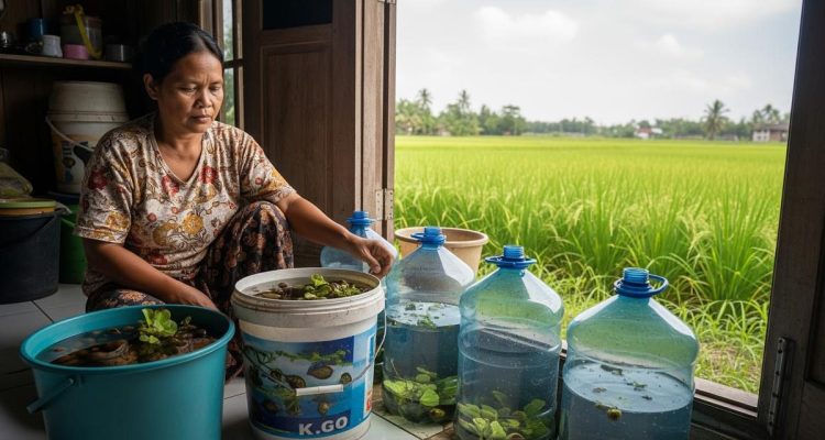 Ternak Hewan Mini di Wadah Bekas untuk Ibu Rumah Tangga di Pinggiran Sawah