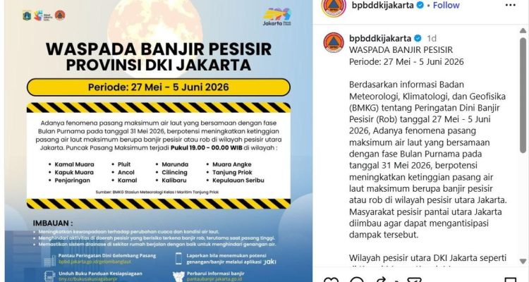 Waspada Banjir Pesisir Jakarta 27 Mei - 5 Juni 2026, Ini Wilayah Terdampak