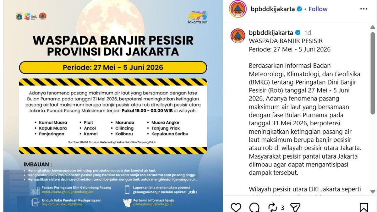 Waspada Banjir Pesisir Jakarta 27 Mei - 5 Juni 2026, Ini Wilayah Terdampak