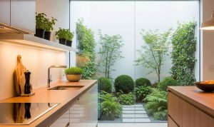 Dapur Kecil dengan Tanaman Hijau dan Sekat Minimalis