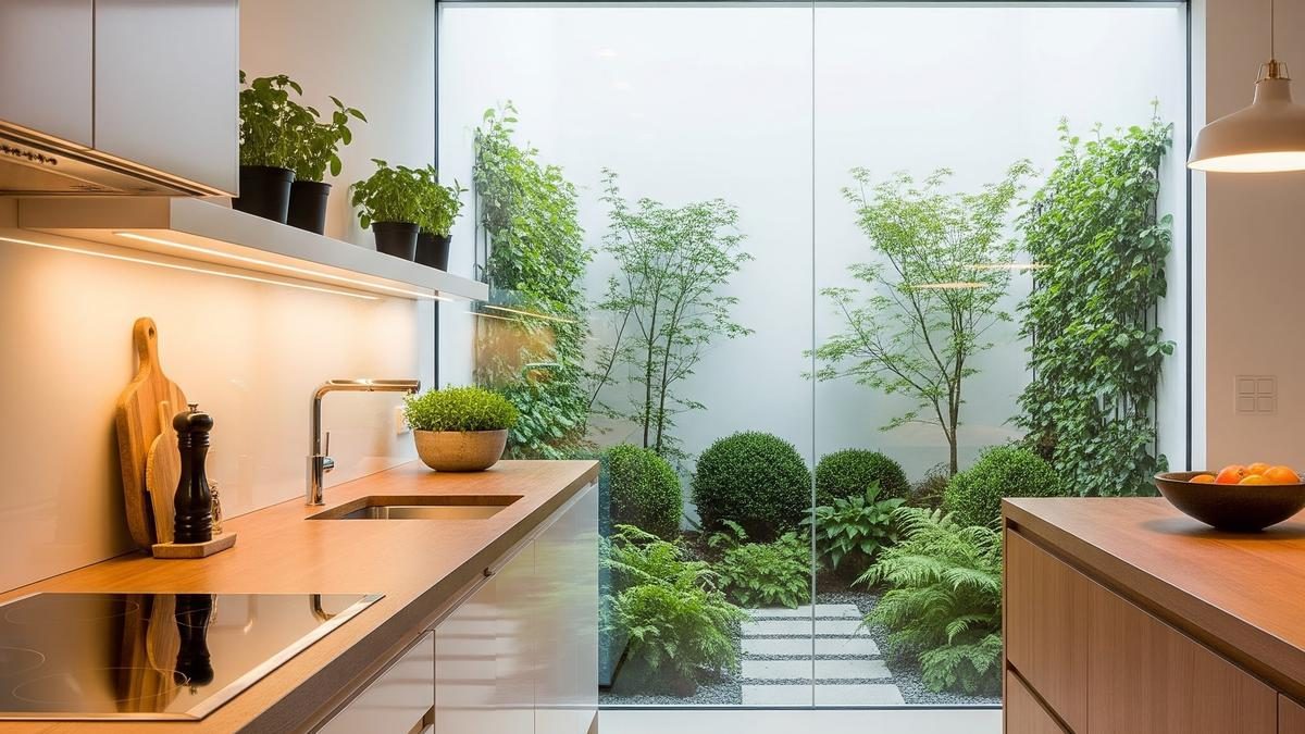Dapur Kecil dengan Tanaman Hijau dan Sekat Minimalis