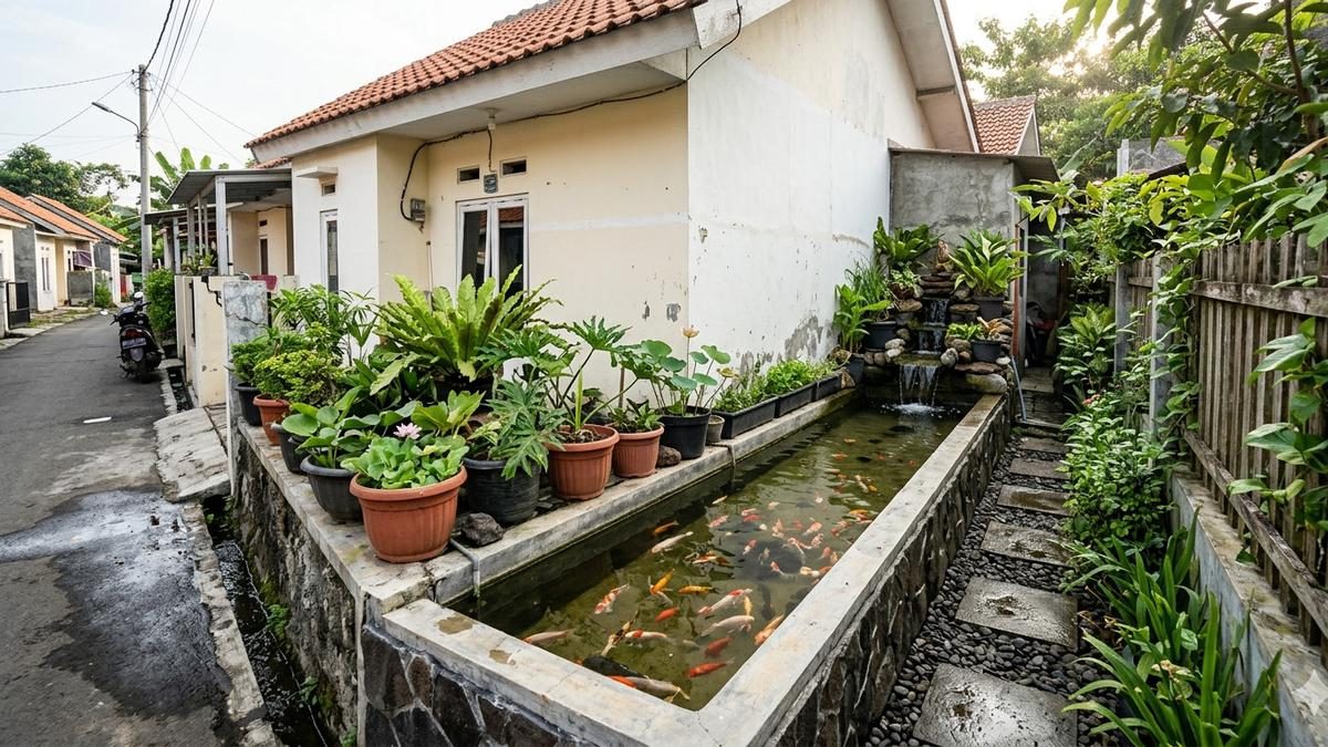Inspirasi Kolam Ikan Memanjang di Samping Rumah Subsidi yang Menenangkan