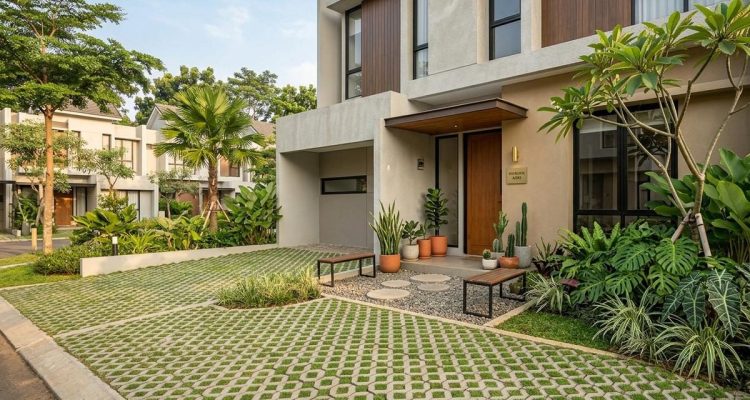 Inspirasi Taman Depan Rumah dengan Paving Rumput yang Menyejukkan