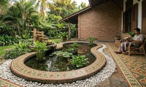 Teras Depan Klasik dengan Kolam Ikan: Nuansa Tenang dan Nostalgia