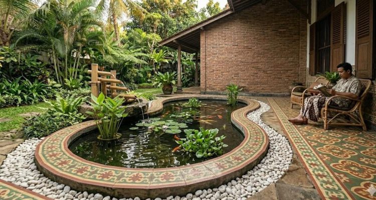 Teras Depan Klasik dengan Kolam Ikan: Nuansa Tenang dan Nostalgia