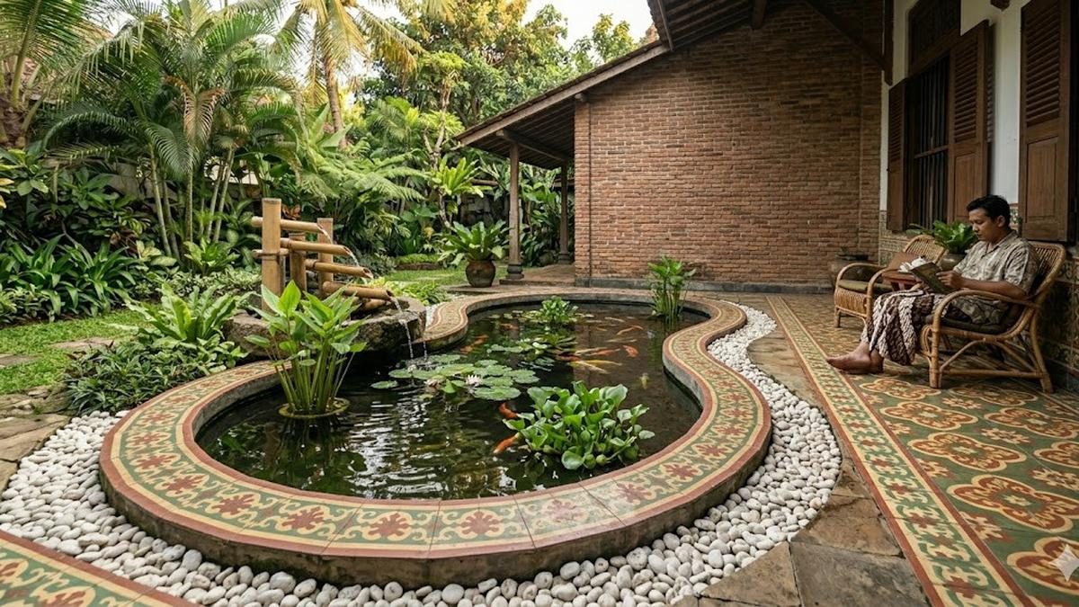 Teras Depan Klasik dengan Kolam Ikan: Nuansa Tenang dan Nostalgia