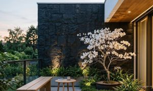 6 Inspirasi Teras Rumah dengan Tabebuya Mini dan Batu Alam untuk Fasad Makin Asri.