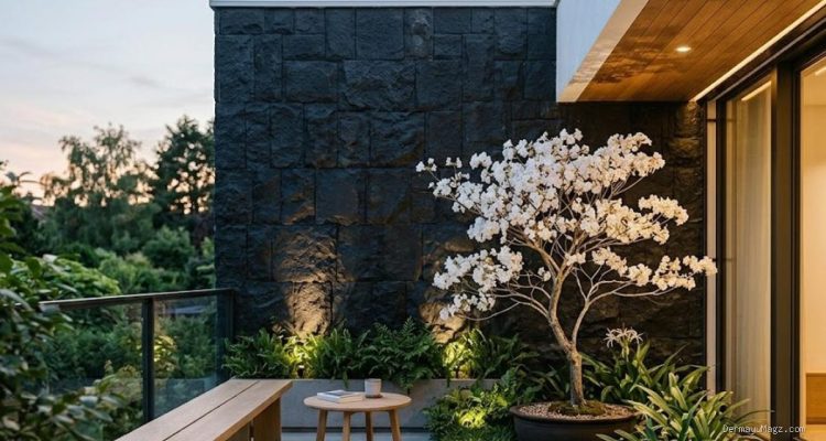 6 Inspirasi Teras Rumah dengan Tabebuya Mini dan Batu Alam untuk Fasad Makin Asri.