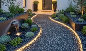 Area Masuk Rumah yang Elegan dengan Jalur Batu Koral Hitam