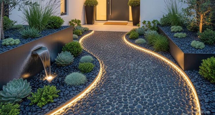 Area Masuk Rumah yang Elegan dengan Jalur Batu Koral Hitam