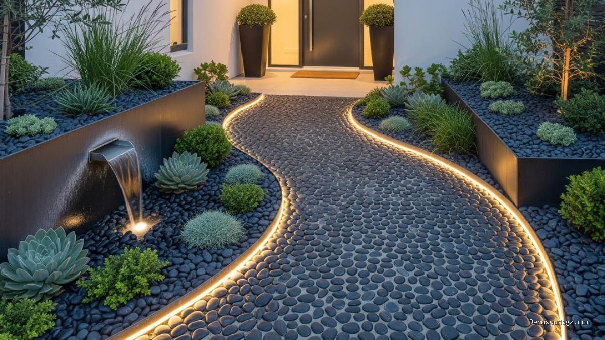 Area Masuk Rumah yang Elegan dengan Jalur Batu Koral Hitam